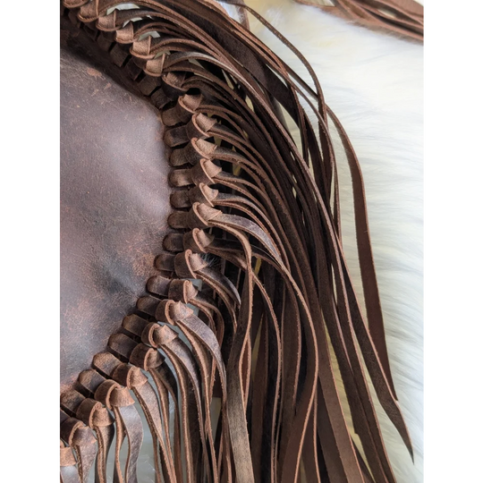 Brown leather fringe with braided edges on Mojave tassel bag
