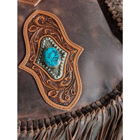 Mojave tassel bag in brown hunter leather with turquoise stone