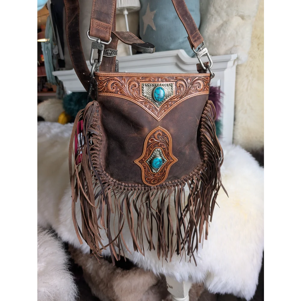 Mojave tassel bag in hunter leather with turquoise accents, fringe