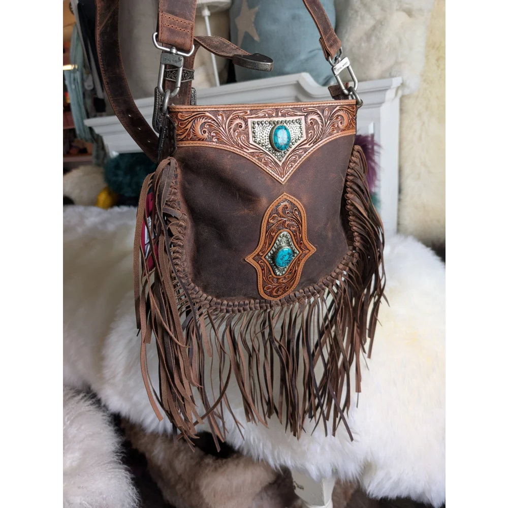 Mojave tassel bag in hunter leather with turquoise accents and fringe