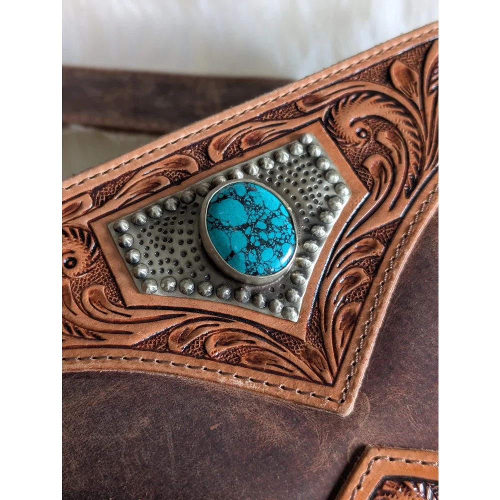 Mojave tassel bag brown leather strap with turquoise stone studs