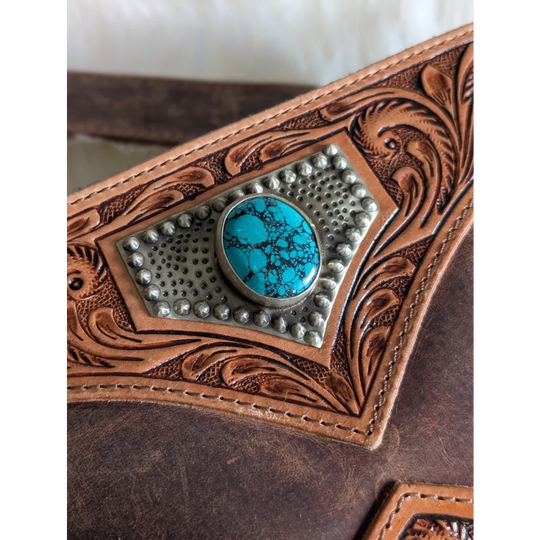 Mojave tassel bag brown leather strap with turquoise stone studs