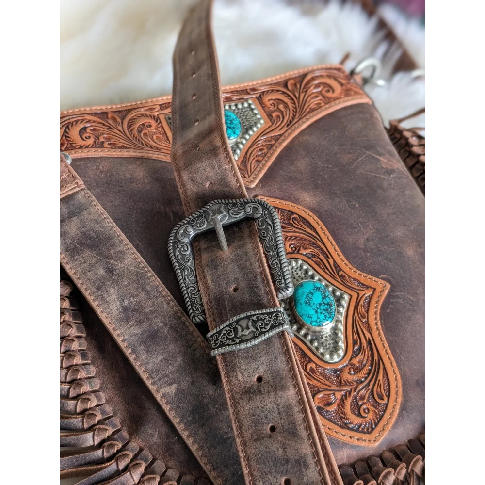 Mojave tassel bag in hunter leather with turquoise accents