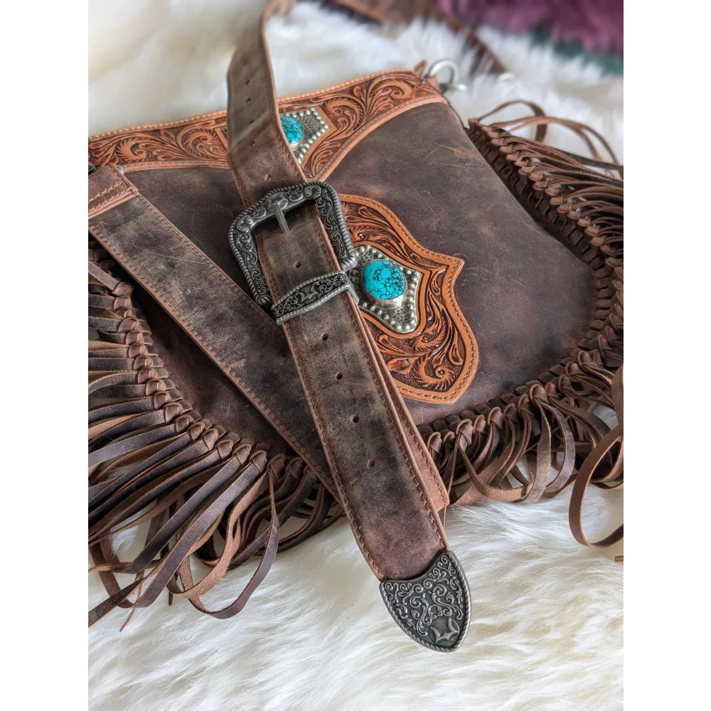 Mojave tassel bag in hunter leather with fringe, floral tooling, turquoise stones