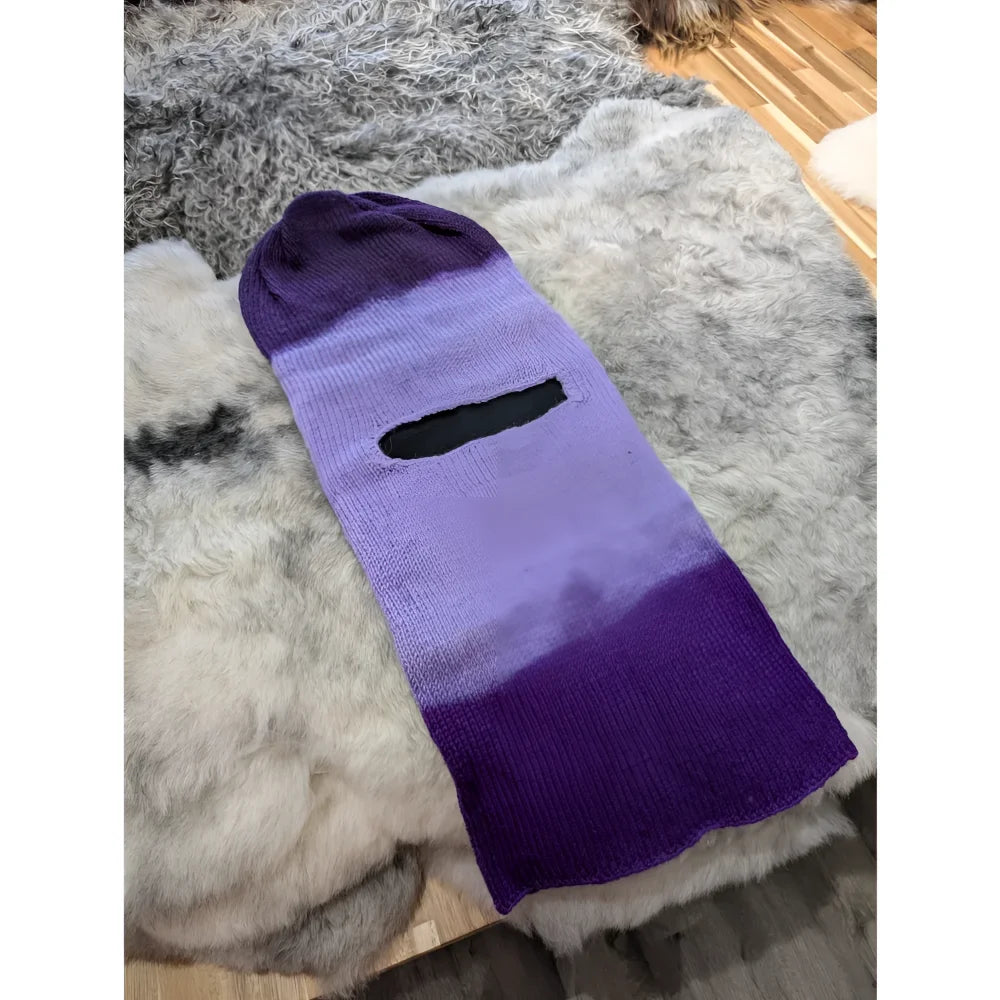 Moonstone dip dye slouch balaclava with purple ombre knit scarf and black eyelet detail