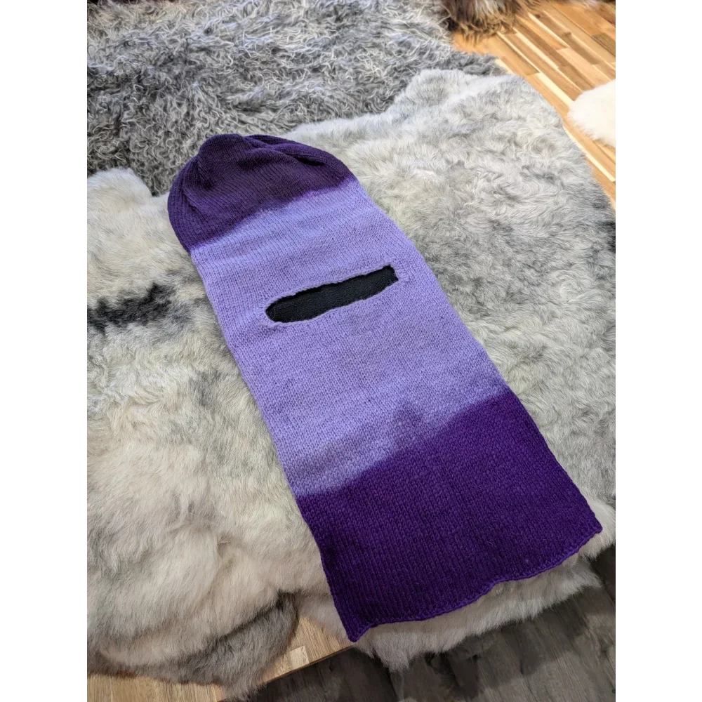 Moonstone dip dye slouch balaclava with purple ombre knit scarf and black eyelet detail