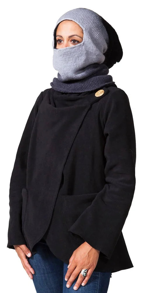 Moonstone dip dye balaclavas with black wool coat and gold buttons