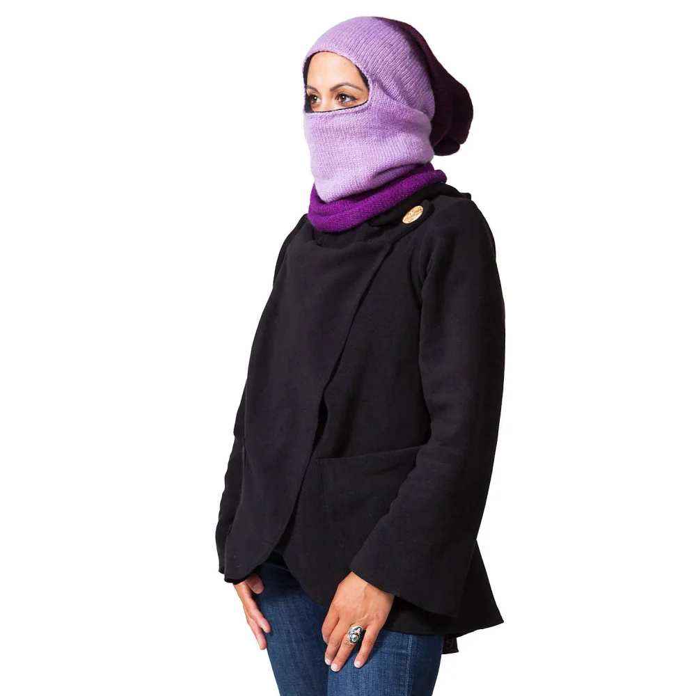 Moonstone dip dye black wool blazer with purple accents and hood