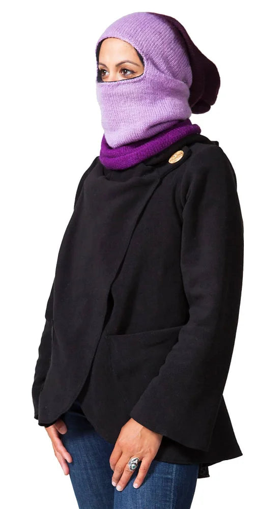Moonstone dip dye black wool blazer with purple accents and hood