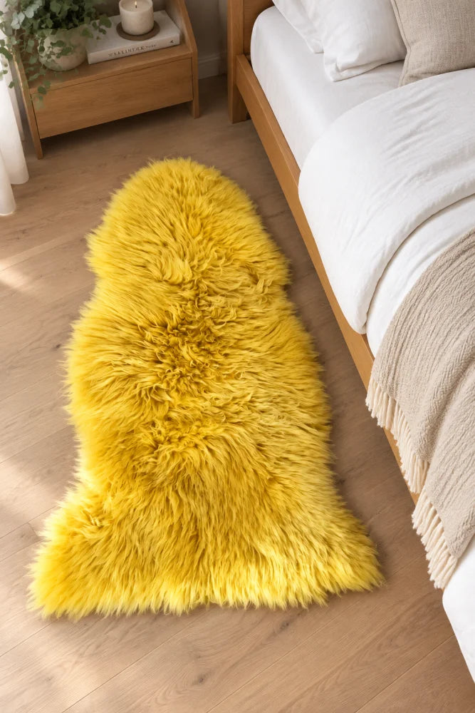 Vibrant mustard yellow merino sheepskin rug with plush shaggy texture and irregular edges perfect as a cozy area rug