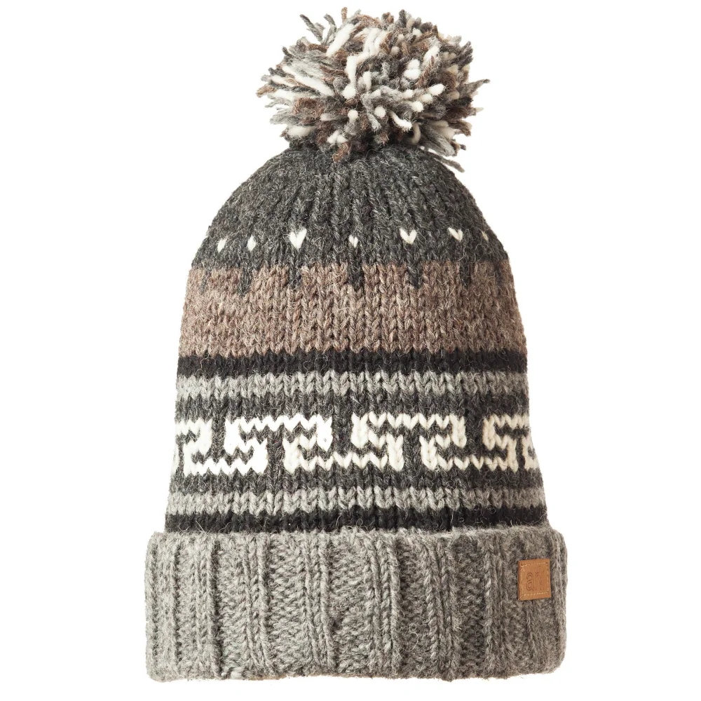 Charcoal gray Nanuk wool pom-pom beanie with black and white stripes