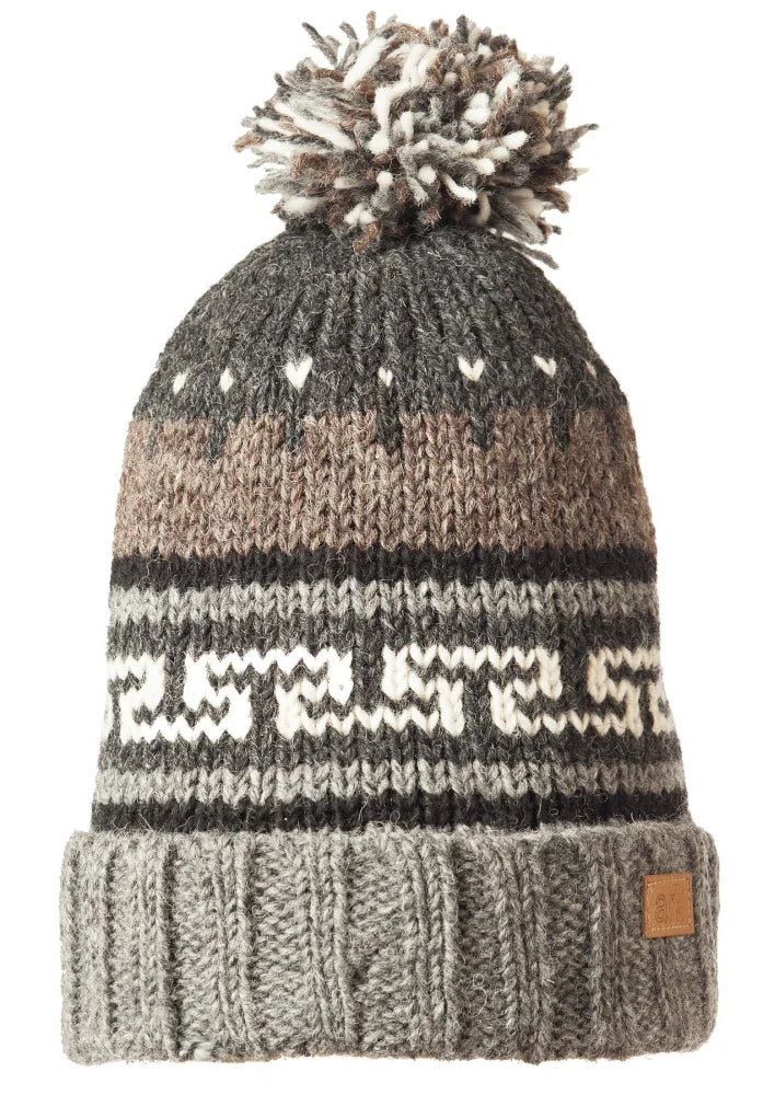 Charcoal gray Nanuk wool pom-pom beanie with black and white stripes