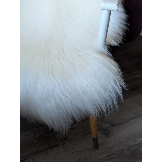 Natural white Icelandic sheepskin on fluffy chair with wooden legs