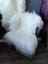 A plush off-white natural white icelandic sheepskin throw draped over a white chair with wooden legs