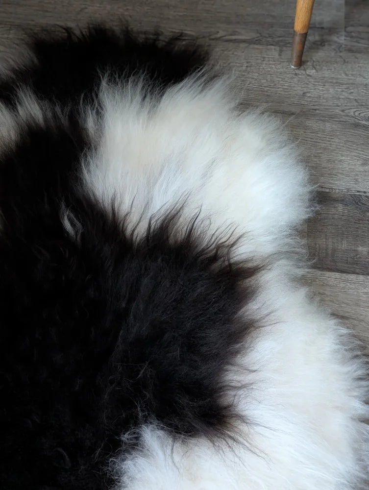 A plush natural black icelandic sheepskin rug with a soft fluffy texture from naturally spotted icelandic sheepskins arriving soon