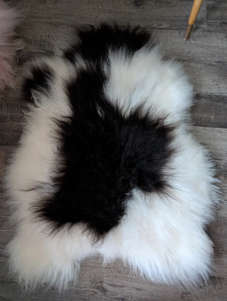 A plush natural black icelandic sheepskin rug with long soft fur and naturally spotted patterns arriving soon