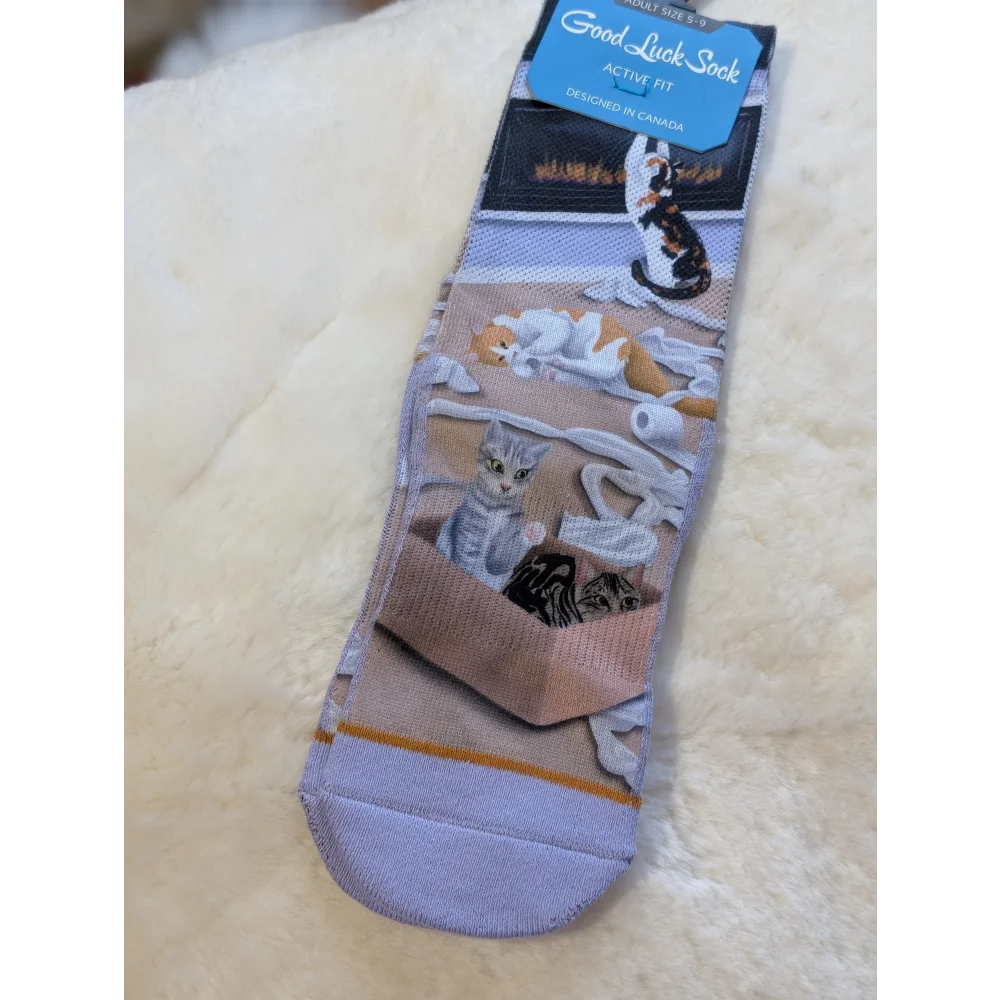 Playful Good Luck Socks kittens on cotton blend with tissue paper