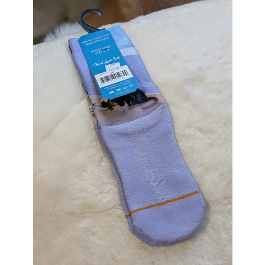 Naughty Cats Good Luck Socks: lavender crew with gold stripe