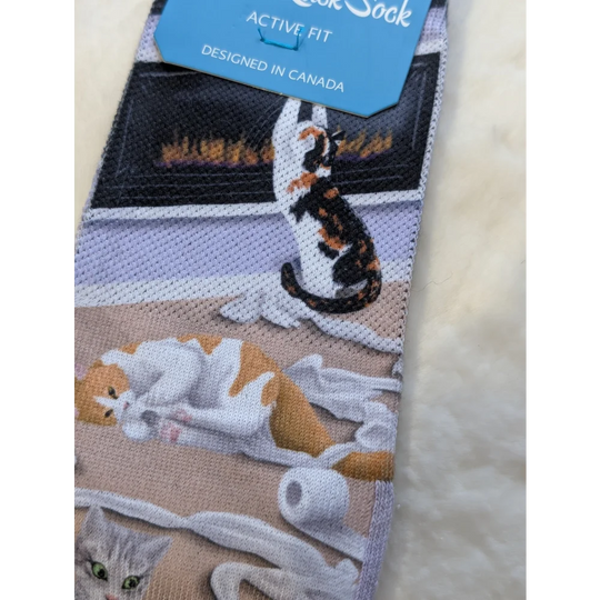 Naughty Cats calico cat socks by Good Luck Socks, active fit, made in Canada