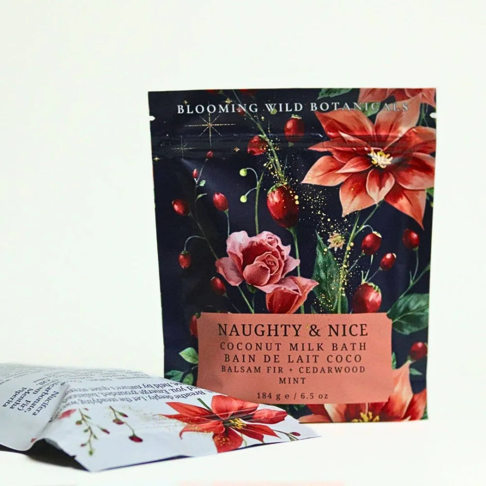 Blooming wild botanicals in Naughty & Nice Coconut Milk Bath Salt Sachet with fir + mint