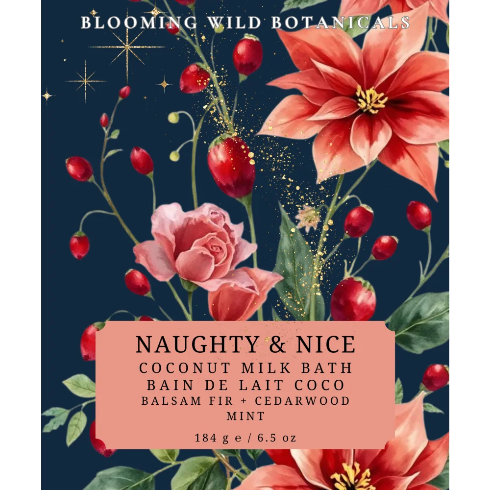 Naughty & Nice coconut milk bath salt sachet with fir, mint scents in pink pack