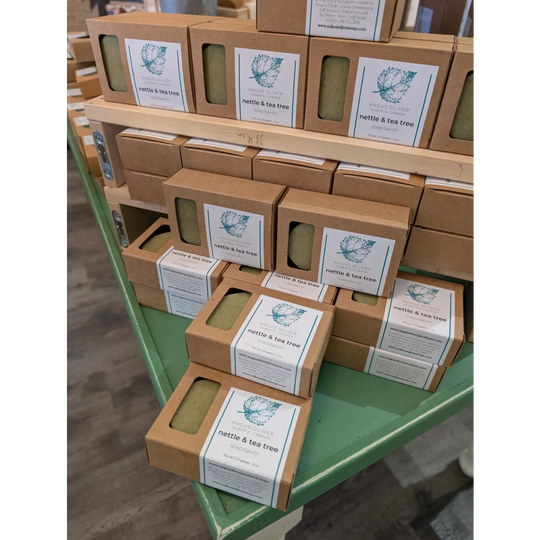 Lavender tea tree soap bar in brown box with green label