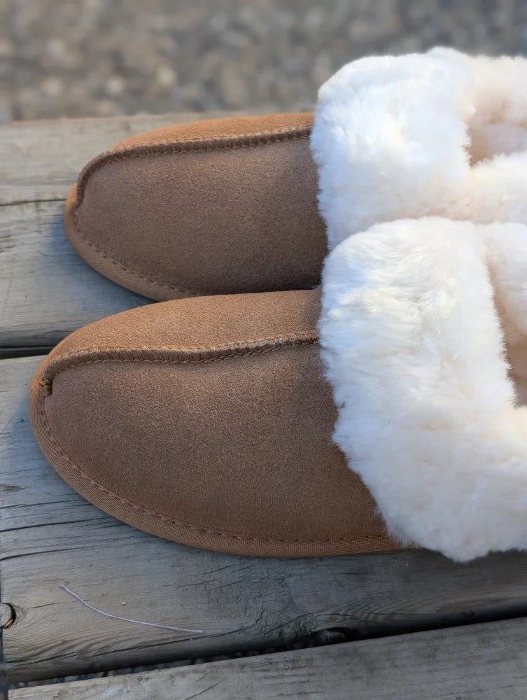 Tan suede sheepskin slippers with plush white shearling lining for ultimate sheepskin comfort and warmth