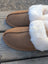 Tan suede sheepskin slippers with plush white shearling lining for ultimate sheepskin comfort and warmth