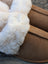 Brown suede sheepskin slippers with plush white shearling lining for ultimate sheepskin comfort and warmth