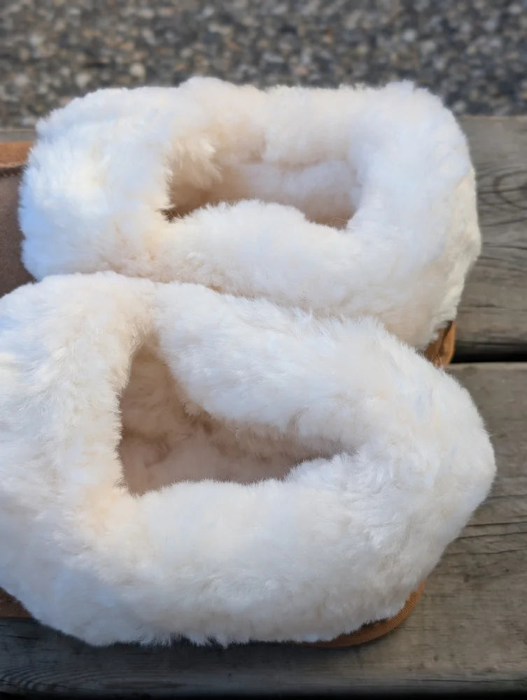 New ultimate sheepskin slippers white fluffy lined with tan leather soles for cozy comfort at home