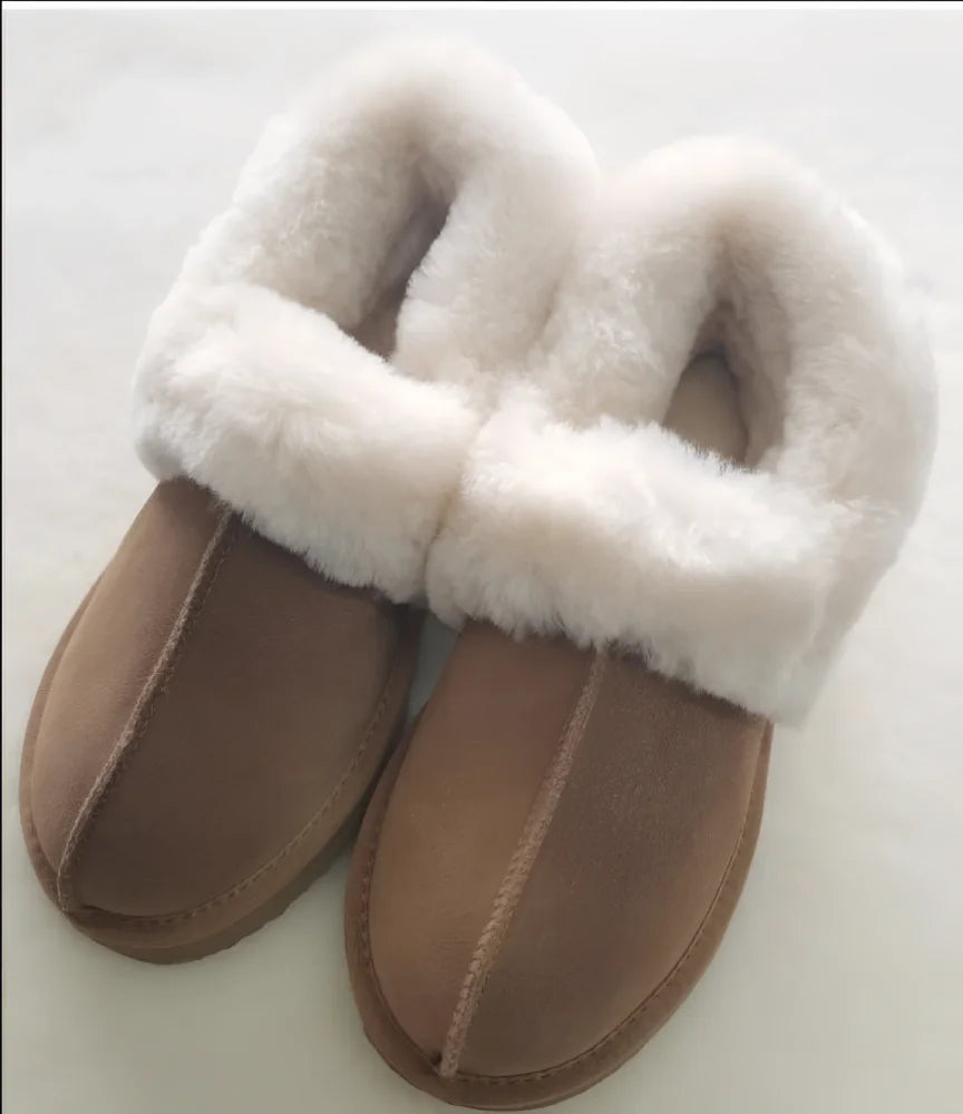 New the ultimate in sheepskin slippers brown suede slip-on with plush white shearling lining for cozy fall comfort