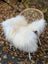A plush natural white icelandic sheepskin throw draped over a woven rattan chair with white metal legs