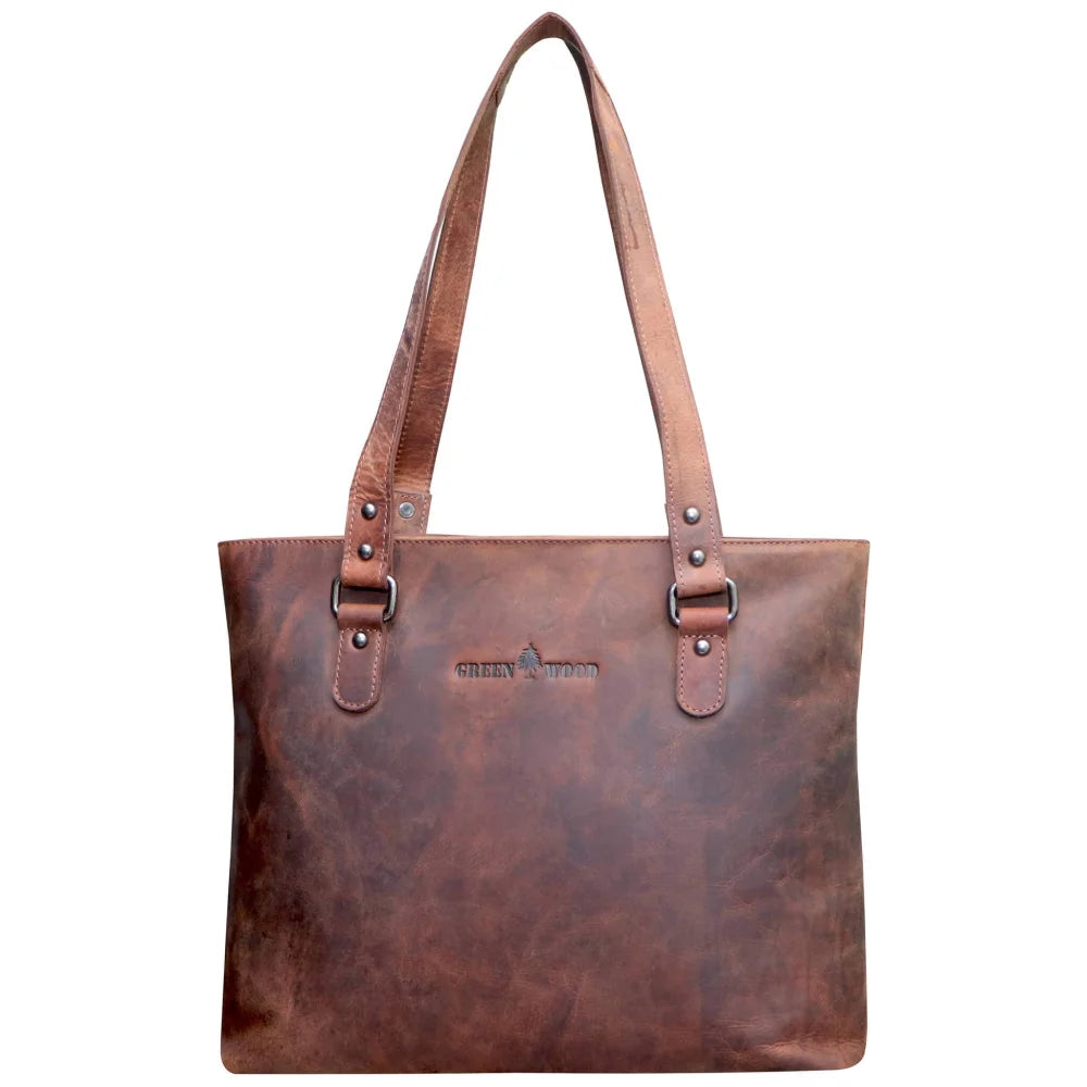 Brown leather shopper bag tote with distressed finish and silver hardware