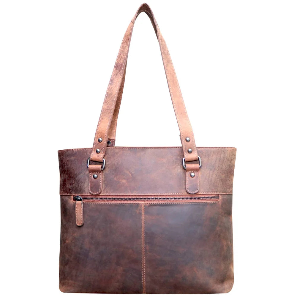Brown leather shopper bag with distressed texture and tan straps