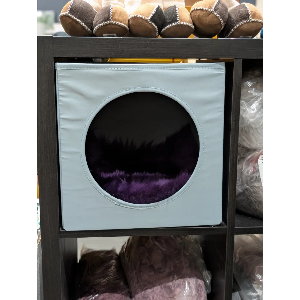 Light blue square cat house with plush purple interior made from merino sheepskins fits ikea kallax boxes