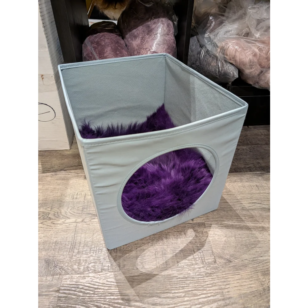 Light blue sheepskin chair cat bed with plush purple lining fits ikea kallax boxes meets strict european standards