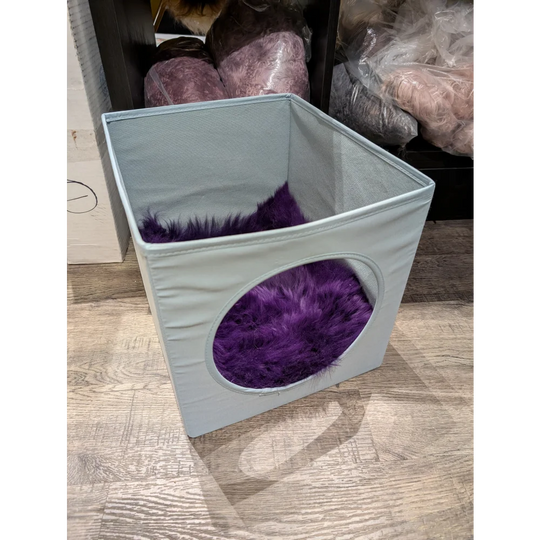 Light blue sheepskin chair cat bed with plush purple lining fits ikea kallax boxes meets strict european standards