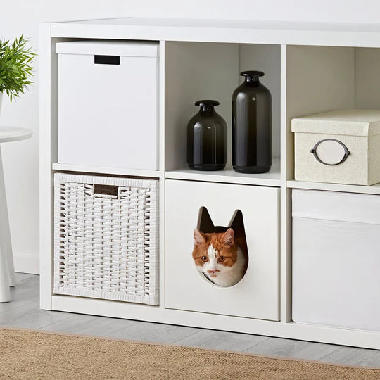 White cat-shaped merino sheepskin cat pad with orange tabby face fits ikea kallax cat boxes meets strict european standards