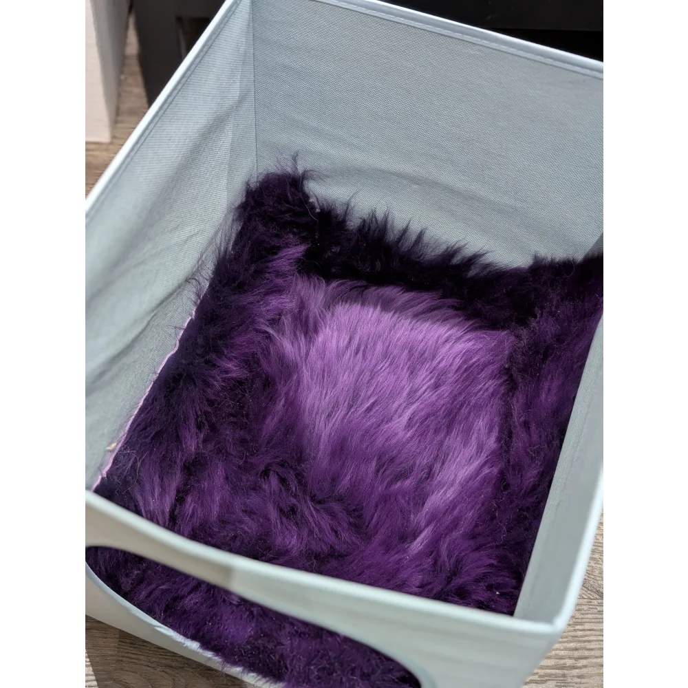 Purple faux fur sheepskin chair cushion meeting strict european standards fits ikea kallax cat boxes storage bin