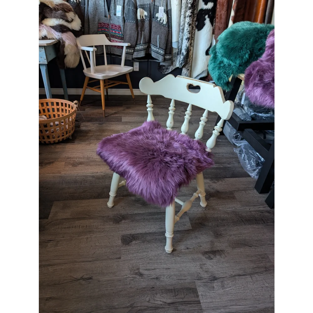 Plum purple lavender faux fur chair cushion with white wooden frame