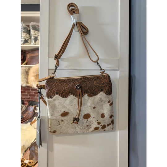 Ornate brown leather hairon bag with cowhide crossbody