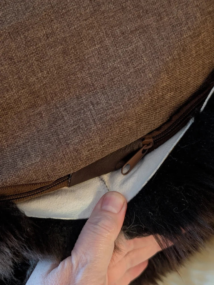 Natural British Angus Oliver floor pouf brown cushion with plush black fur trim