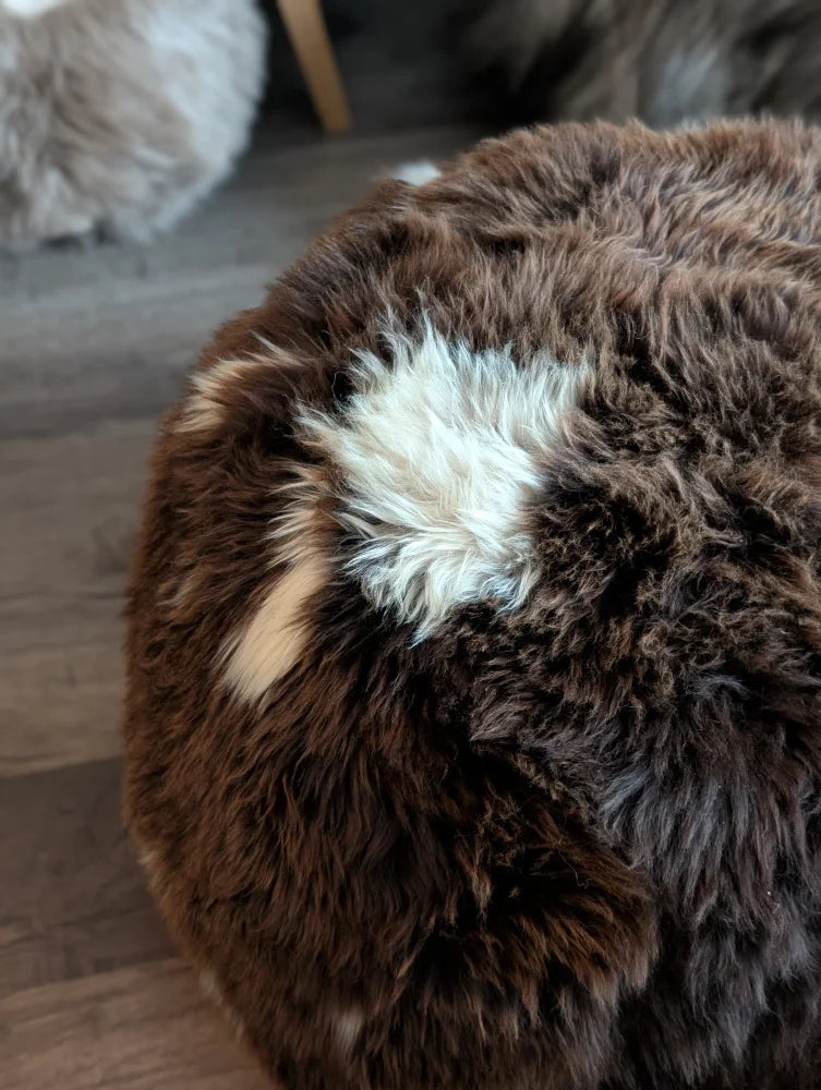 Fluffy natural British angus oliver sheepskin floor pouf dog design