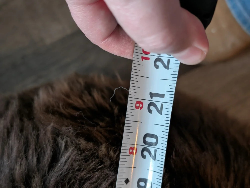 Measuring tape on natural British Angus Oliver ottoman sheepskin floor pouf