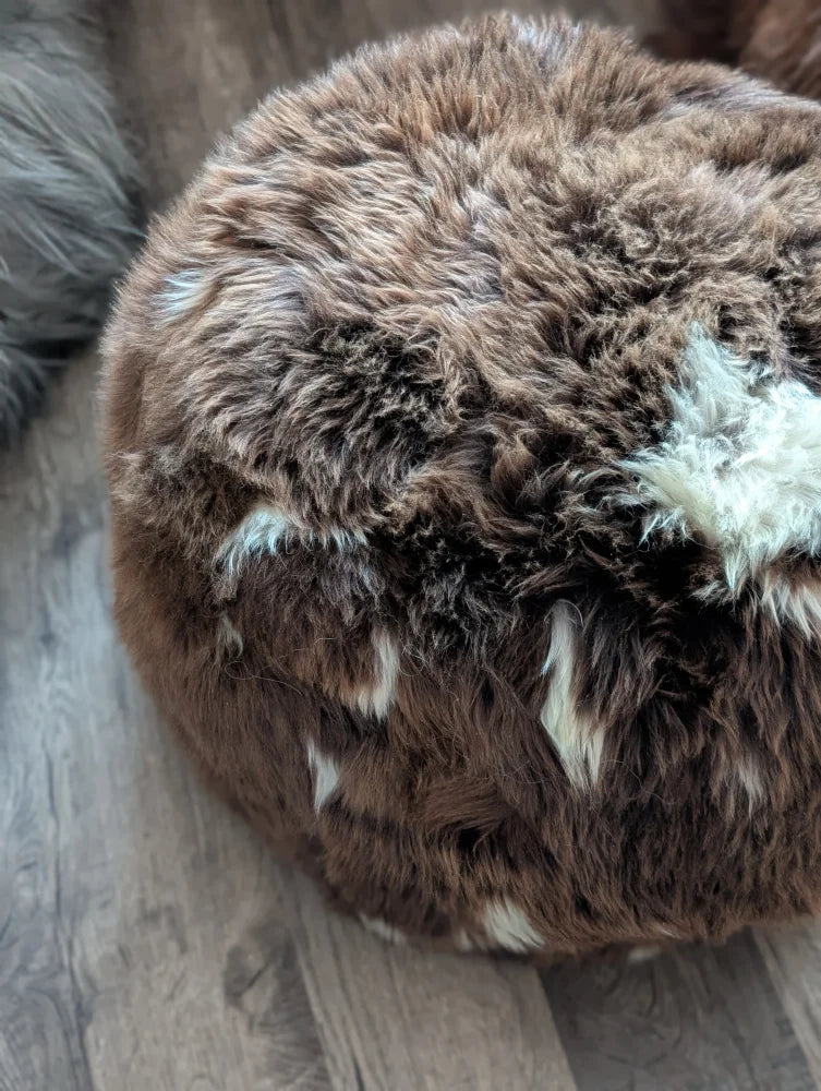Plush natural British sheepskin floor pouf by Angus Oliver
