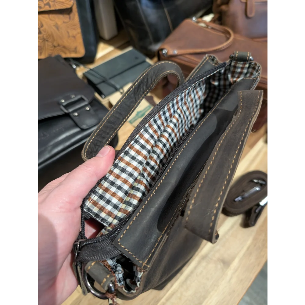 Panama leather mini crossbody tote bag with dark brown leather and checkered lining