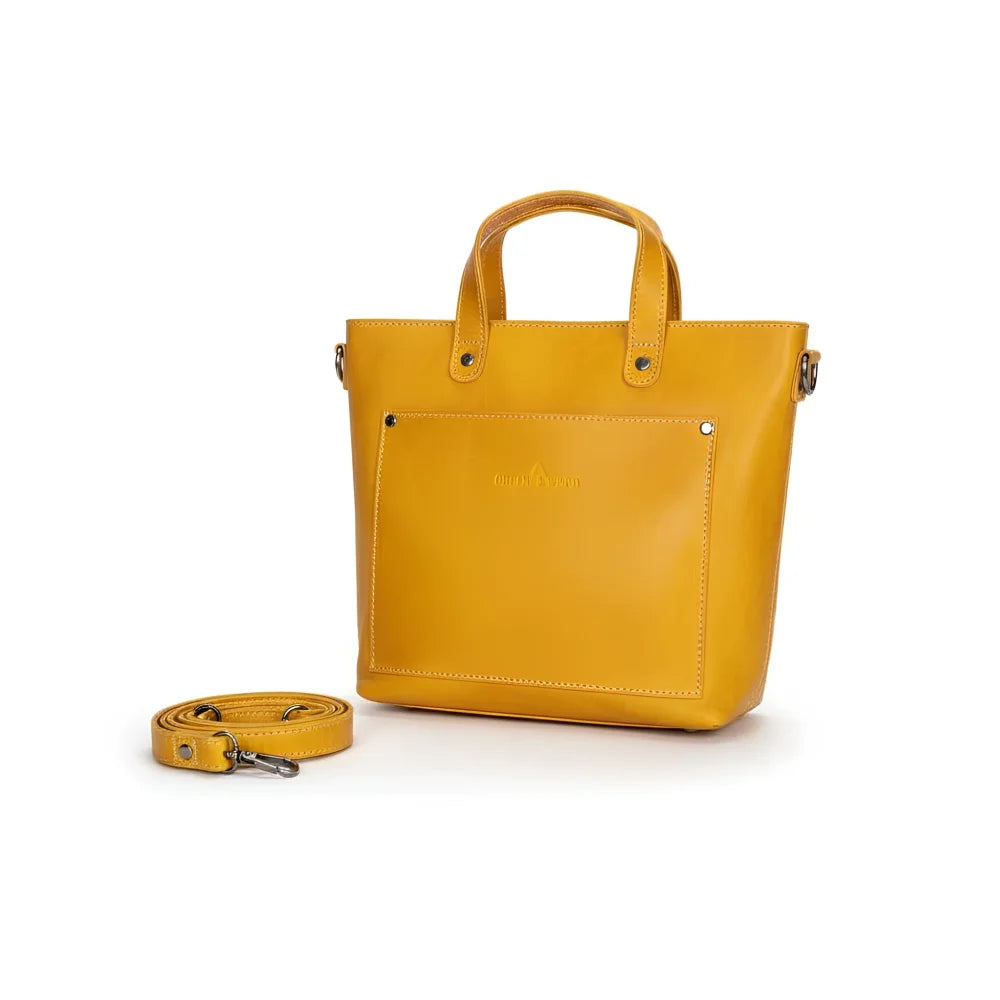 Panama leather mini tote bag in mustard yellow with front pocket