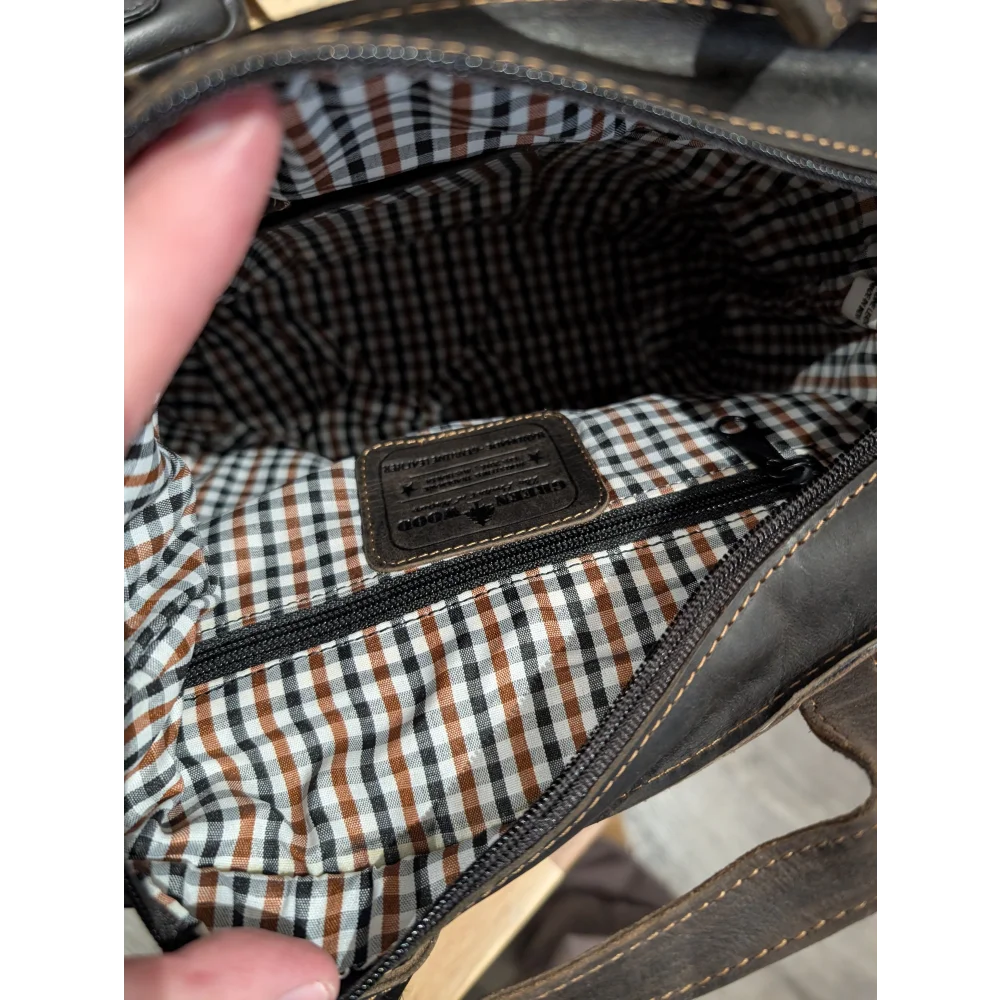 Panama leather mini crossbody tote bag gingham-lined interior with leather tag