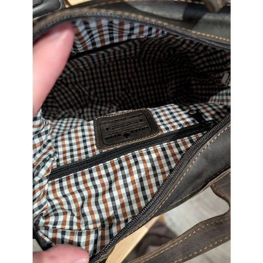 Panama leather mini crossbody tote bag gingham-lined interior with leather tag