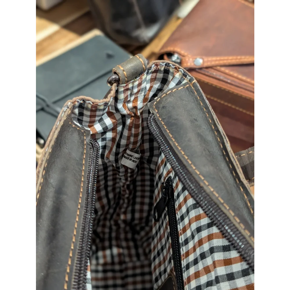 Panama leather mini crossbody tote bag with checkered interior